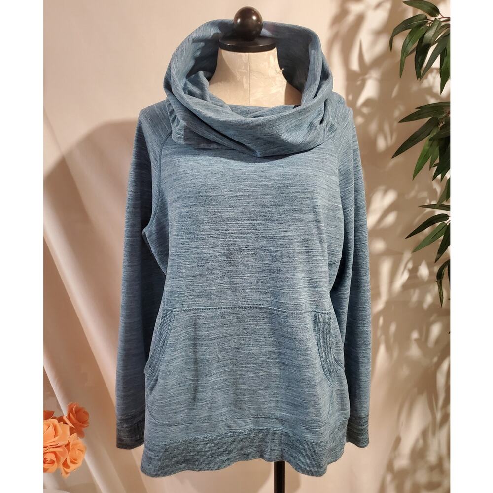 LL Bean Womens Cozy Cowl Neck Pullover Sweatshirt Size XL Marled Blue Pocket